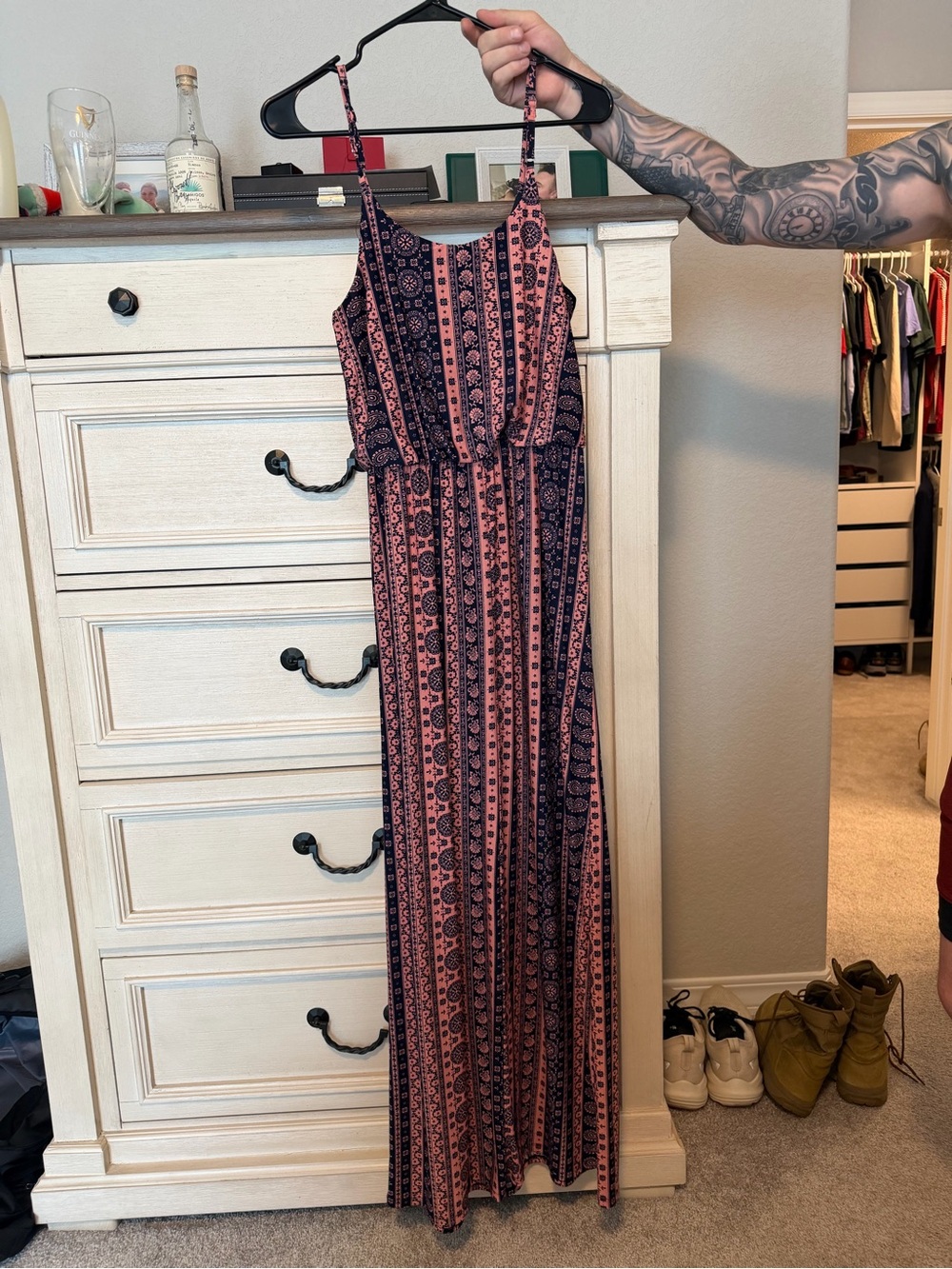 Striped Floral Maxi Sundress in Pink and Navy
